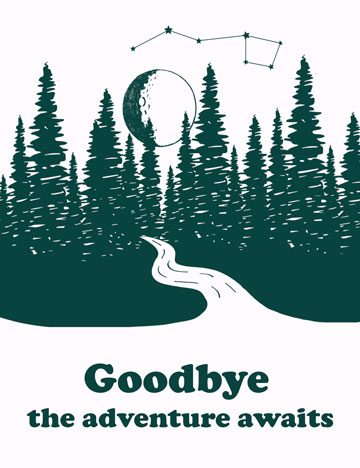 Goodbye card with forest, mountains, and road