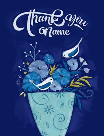 "Thank you Name" customizable thank you card, featuring a pot of flowers and white birds in blue, serious color scheme.